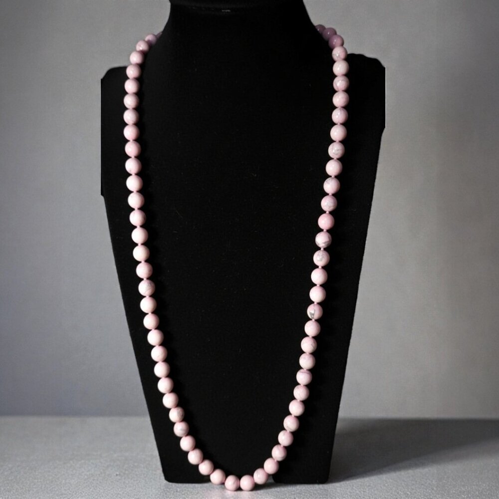 Pink Howlite Stone Beaded Necklace - Hand Knotted Boho Endless Strand - Heavy